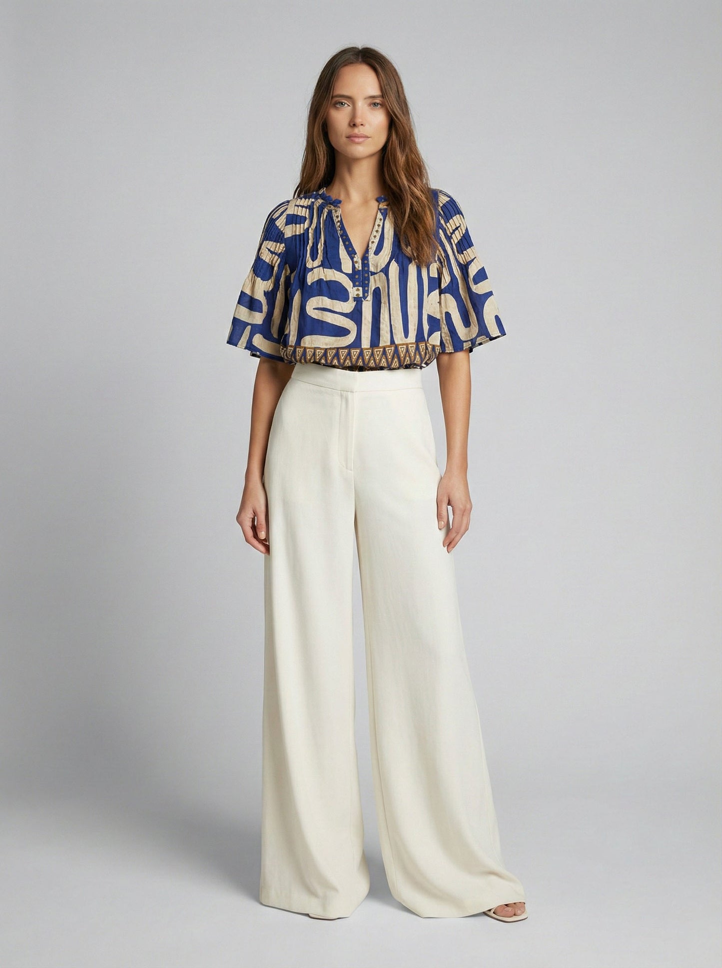 Mediterranean Script Flutter Sleeve Blouse