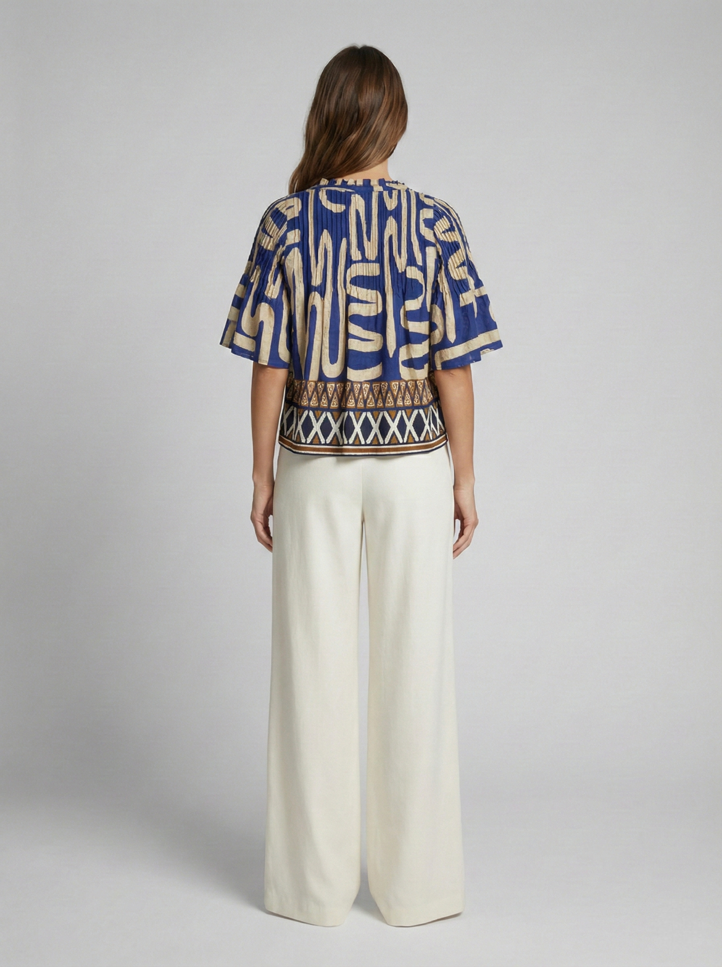 Mediterranean Script Flutter Sleeve Blouse