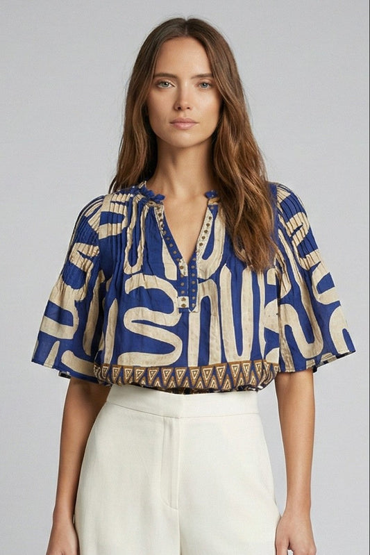 Mediterranean Script Flutter Sleeve Blouse