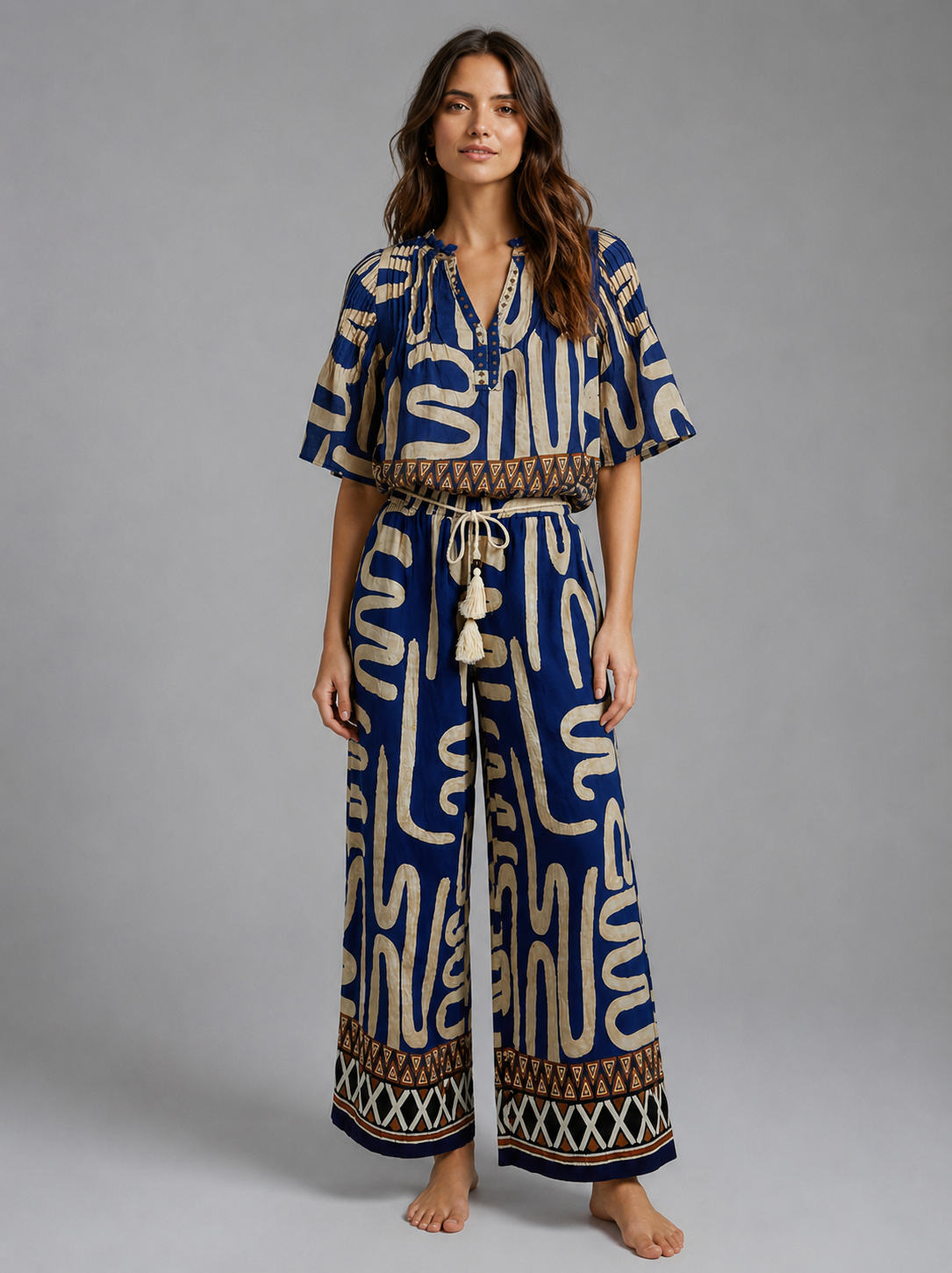 Mediterranean Script Flutter Sleeve Blouse