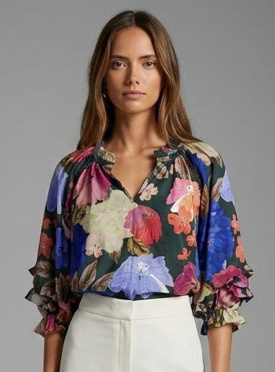 Night Blossom Ruffle Sleeve Blouse