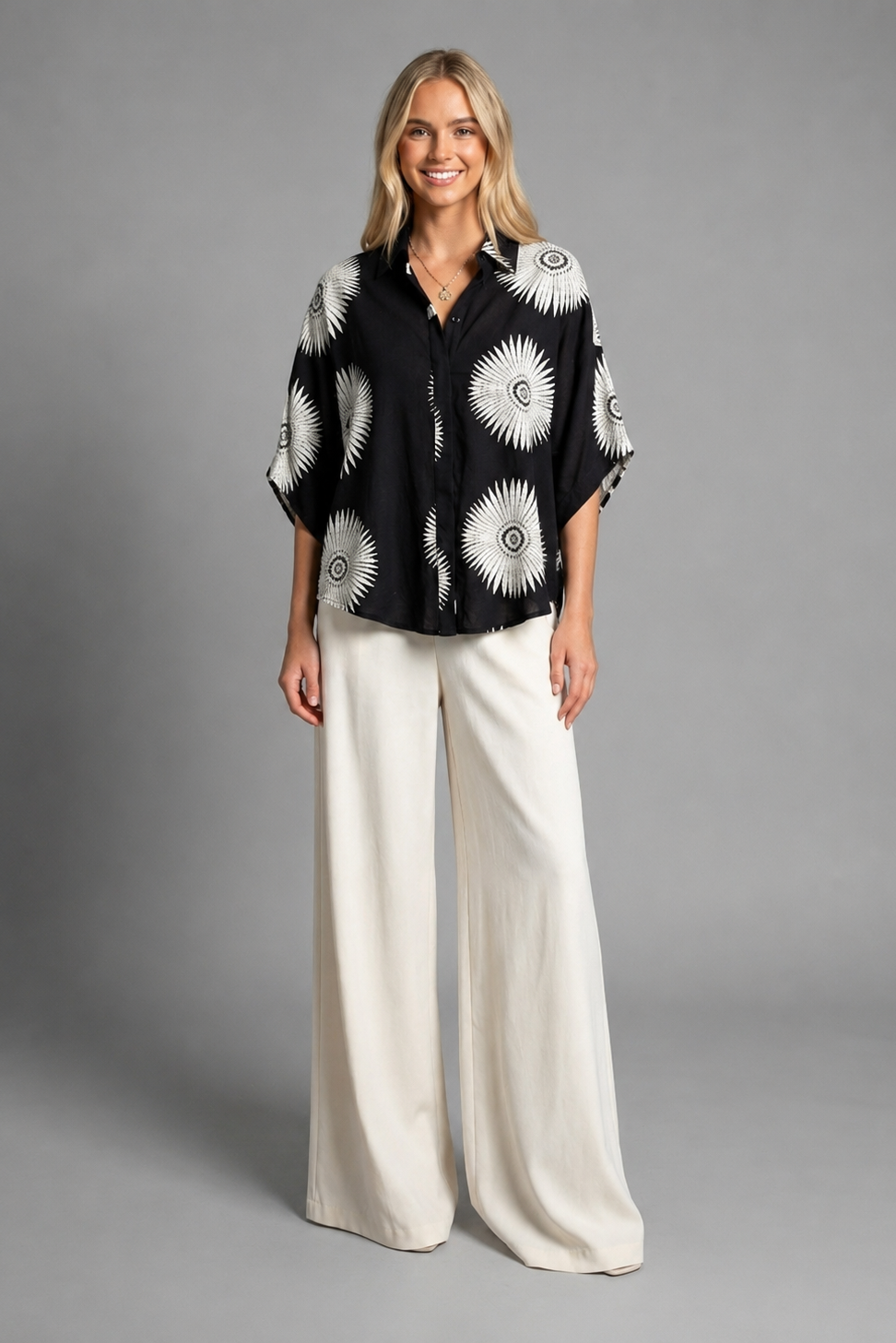 Lunar Bloom Floral Medallion Oversized Button-Up Shirt