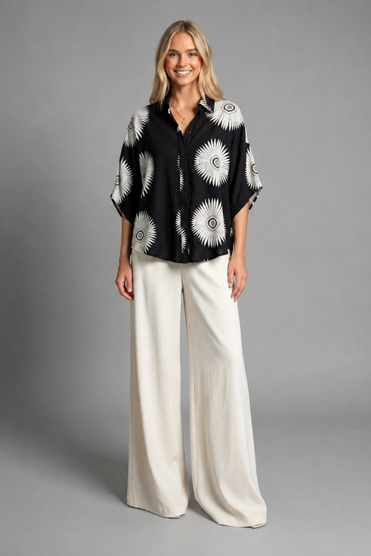 Lunar Bloom Floral Medallion Oversized Button-Up Shirt