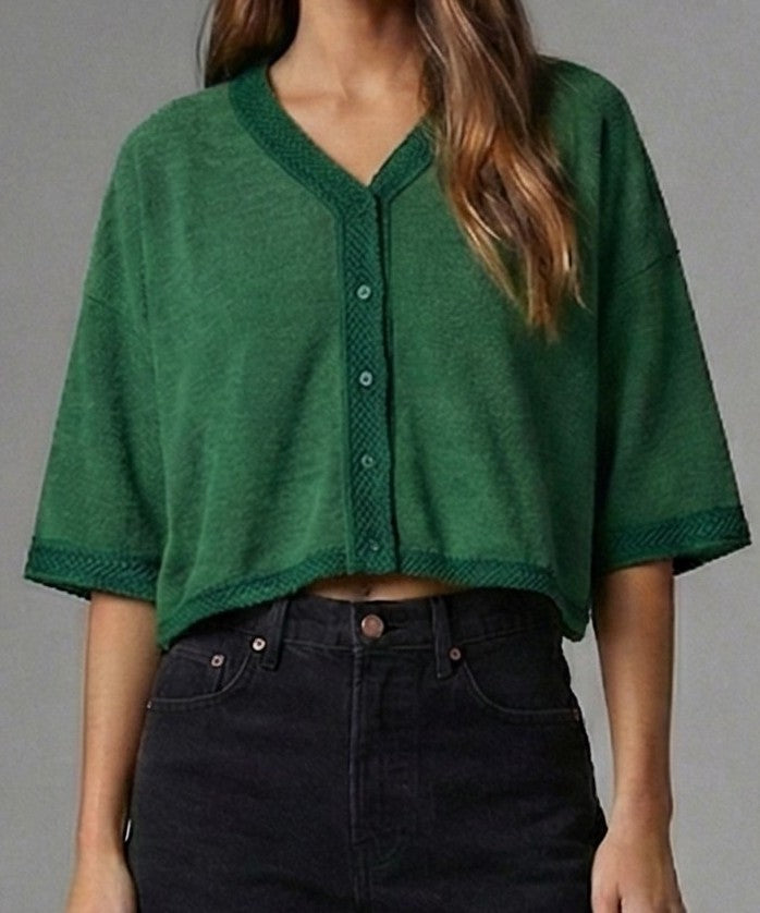 Emerald French Terry Cropped Cardigan Top
