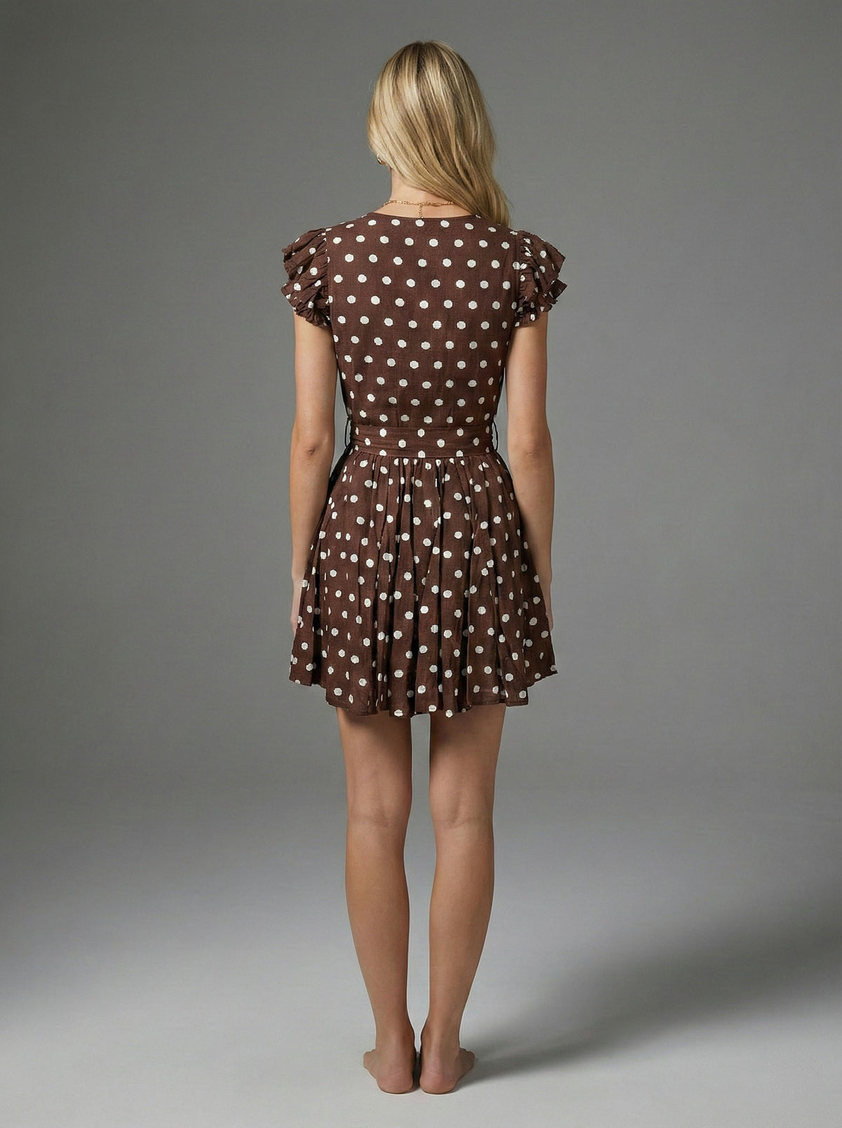 Chestnut Polka Dot Ruffle Sleeve Mini Dress