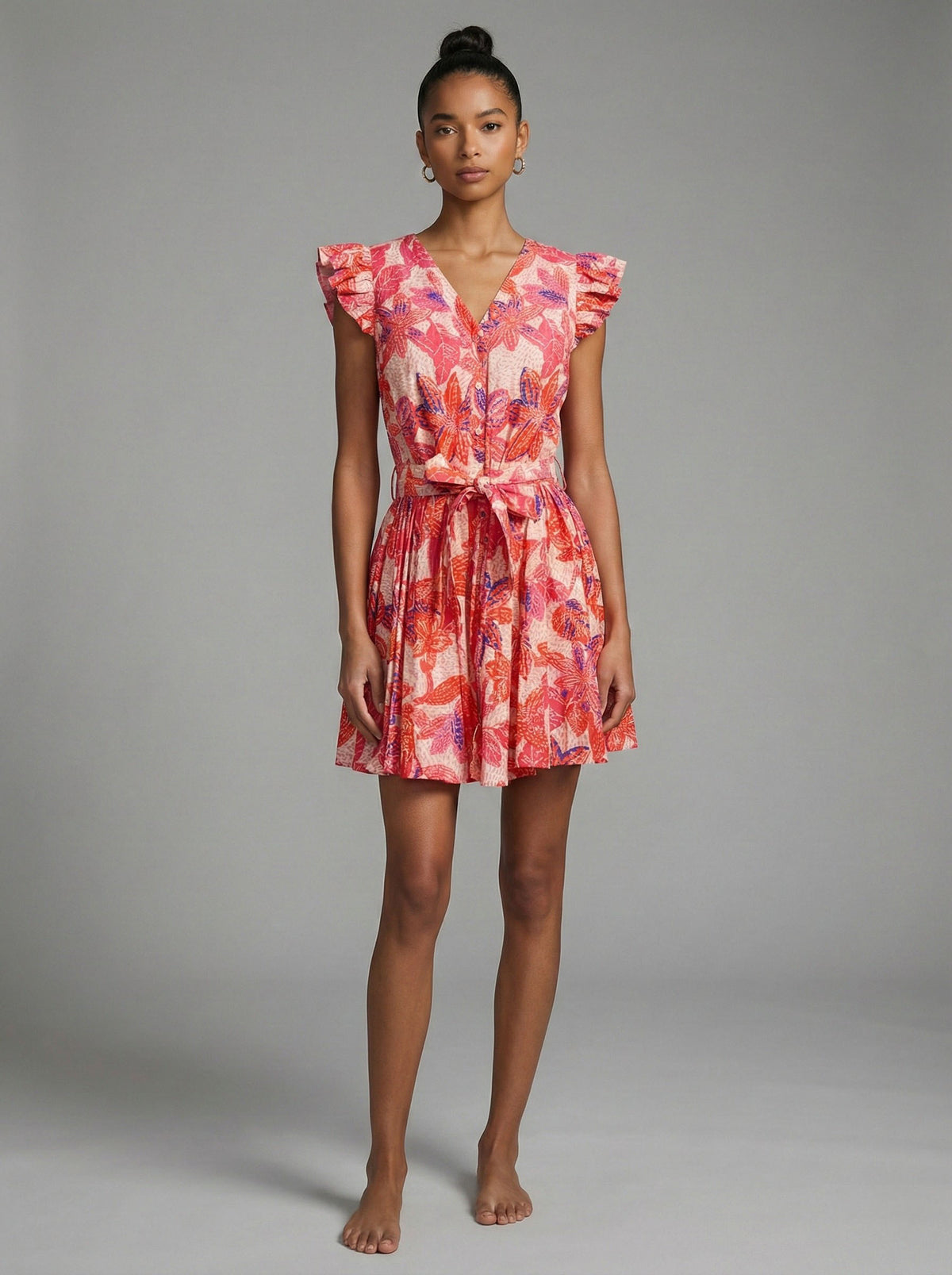 Fresco Flora Belted Ruffle Sleeve Mini Dress