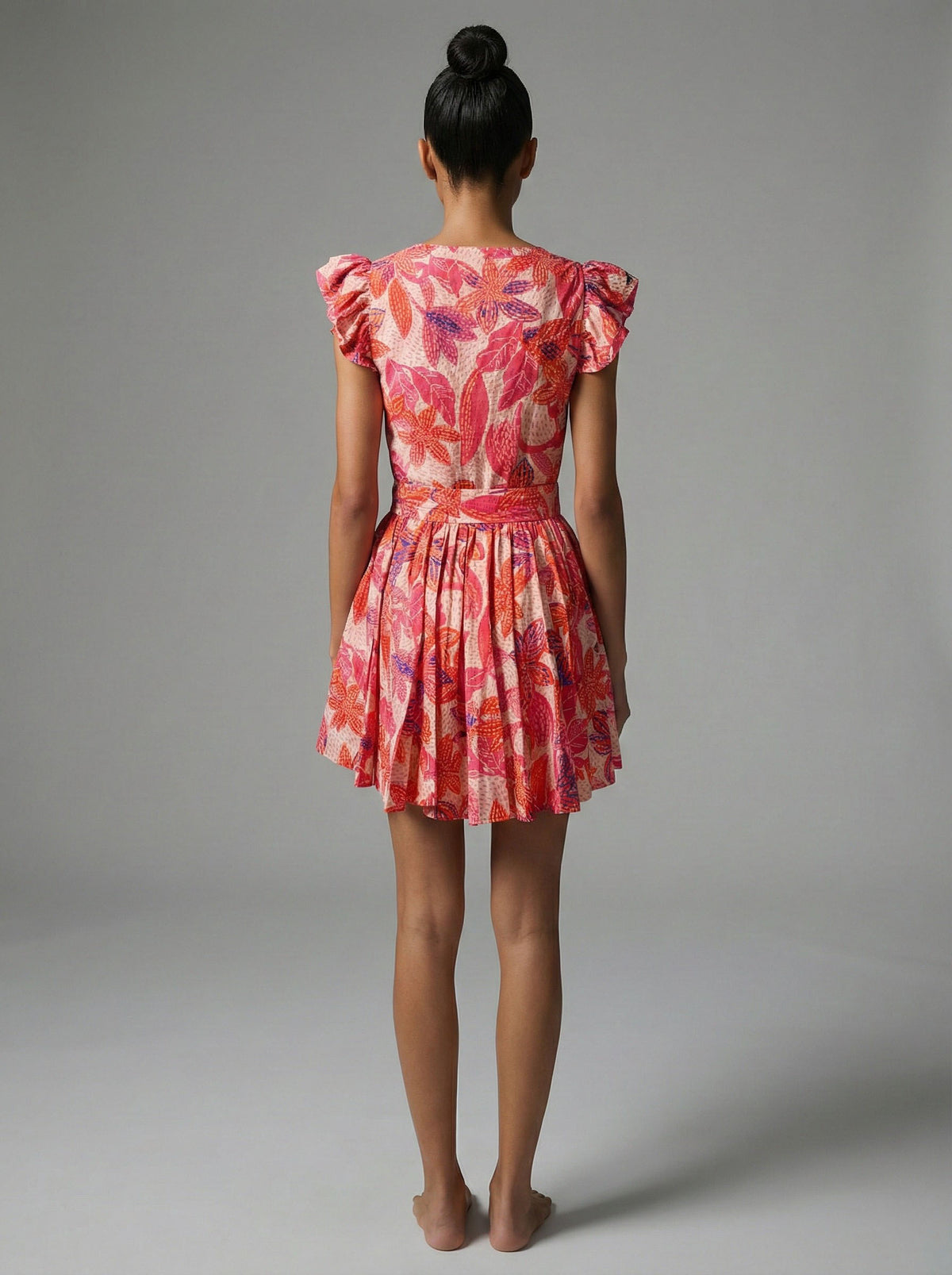 Fresco Flora Belted Ruffle Sleeve Mini Dress