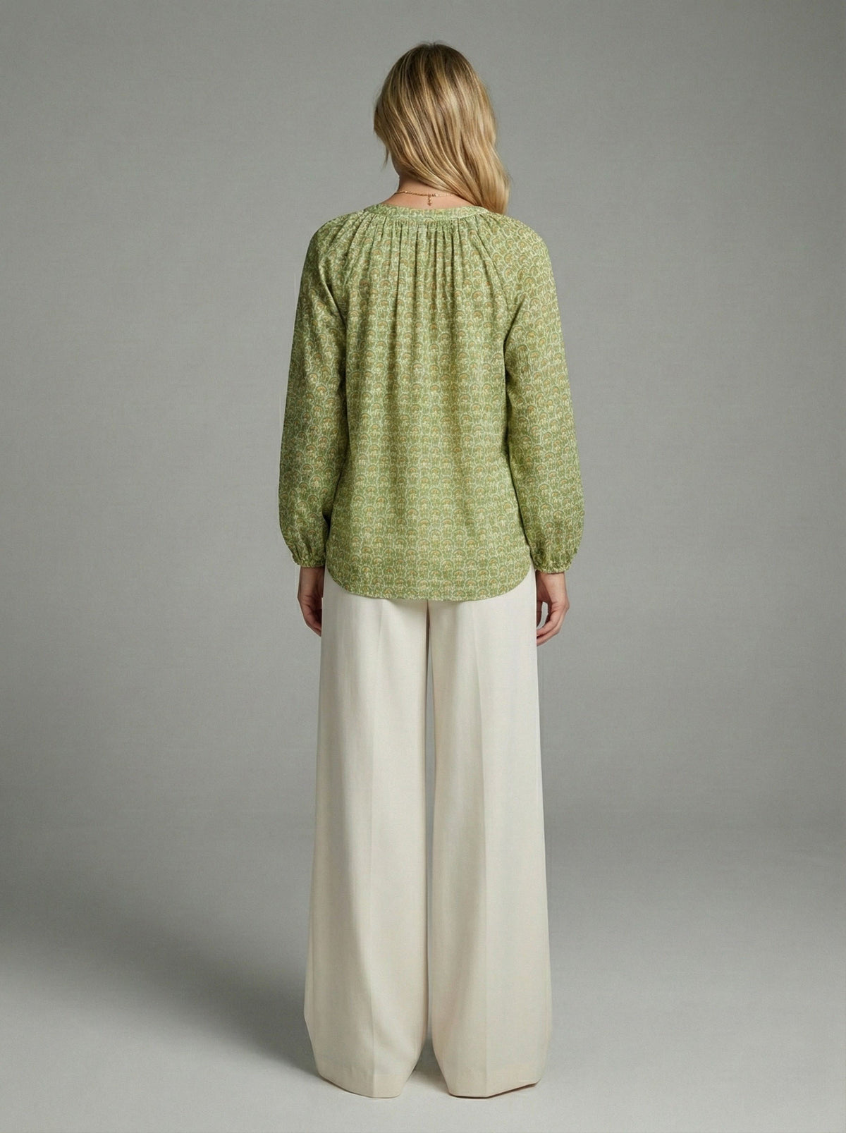 Olive Lotus Print Tie Neck Peasant Blouse
