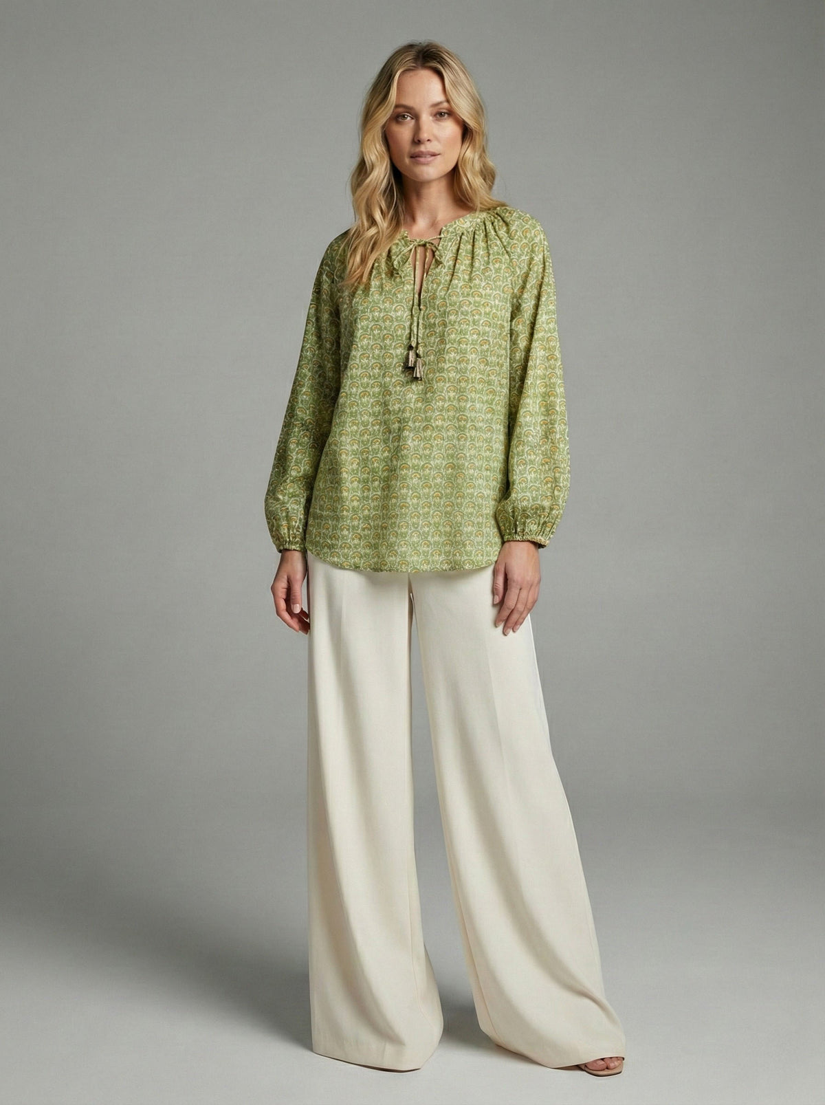 Olive Lotus Print Tie Neck Peasant Blouse