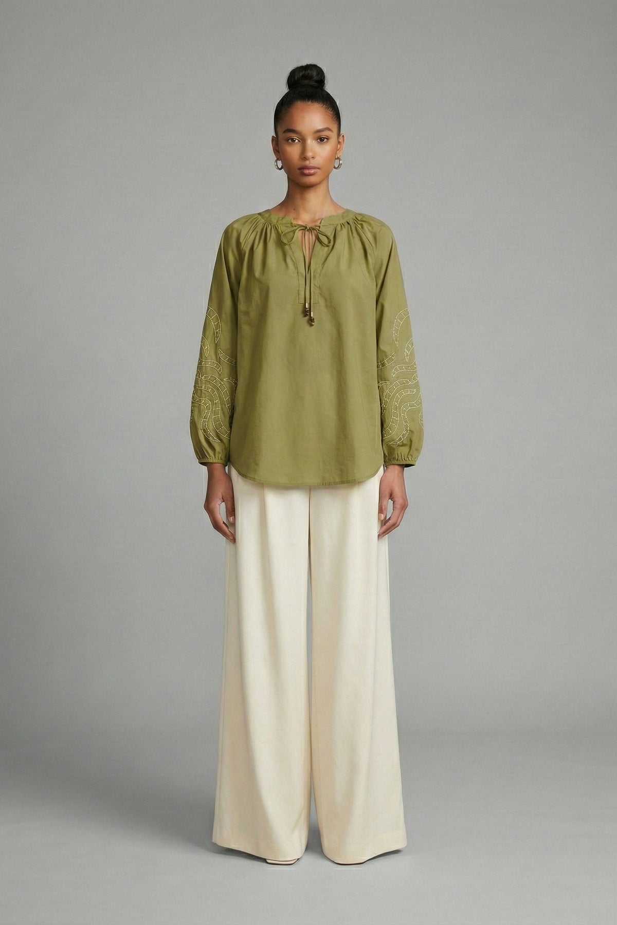 Olive Glow Embroidered Peasant Blouse
