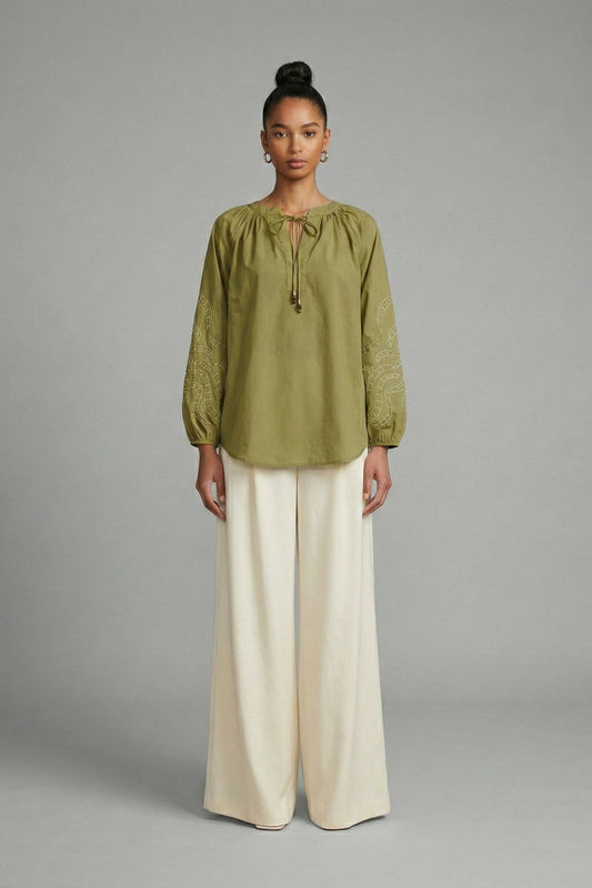 Olive Glow Embroidered Peasant Blouse