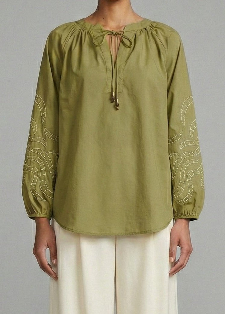 Olive Glow Embroidered Peasant Blouse