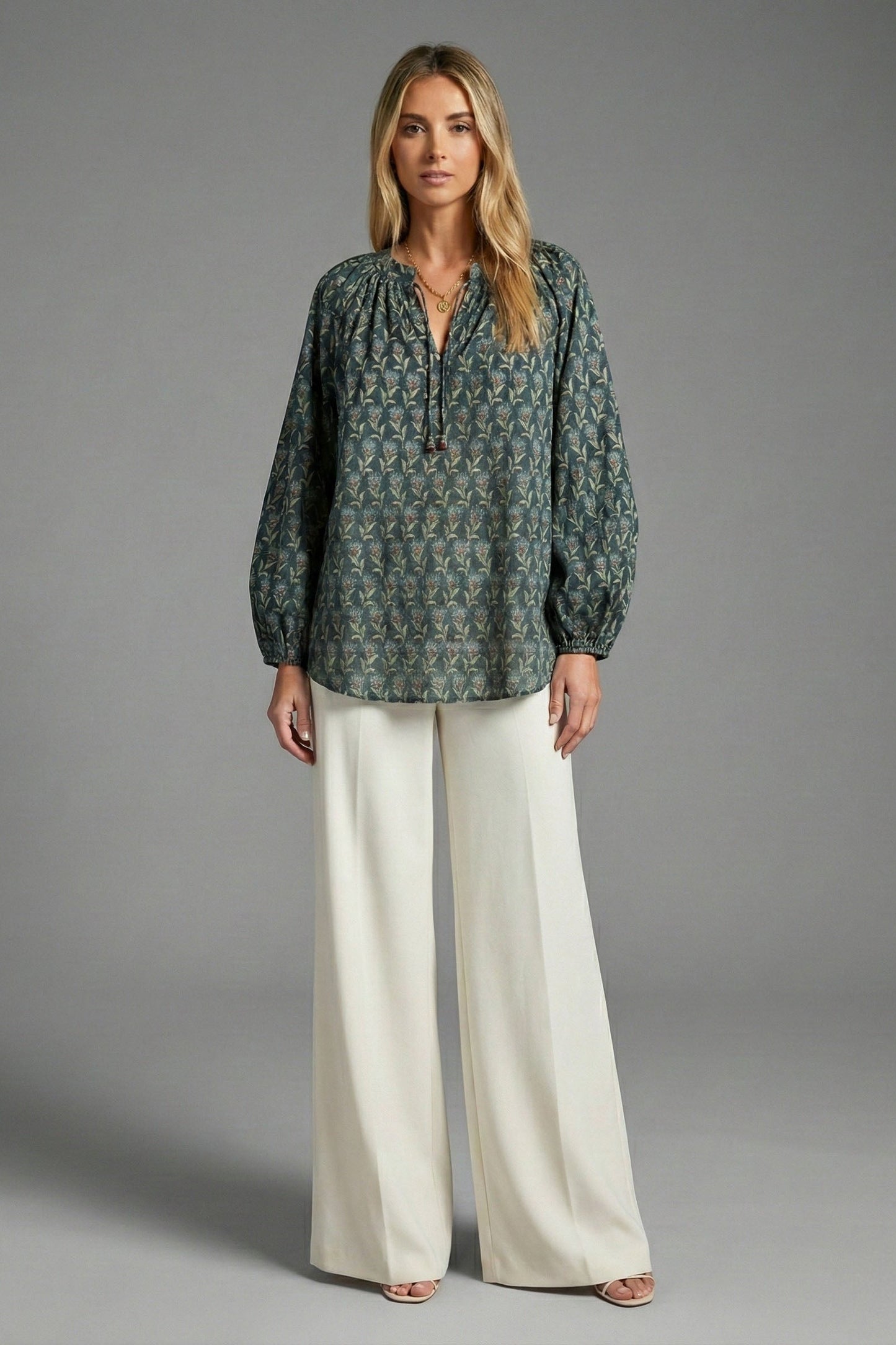 Twilight Bloom Floral Tie-Neck Blouse