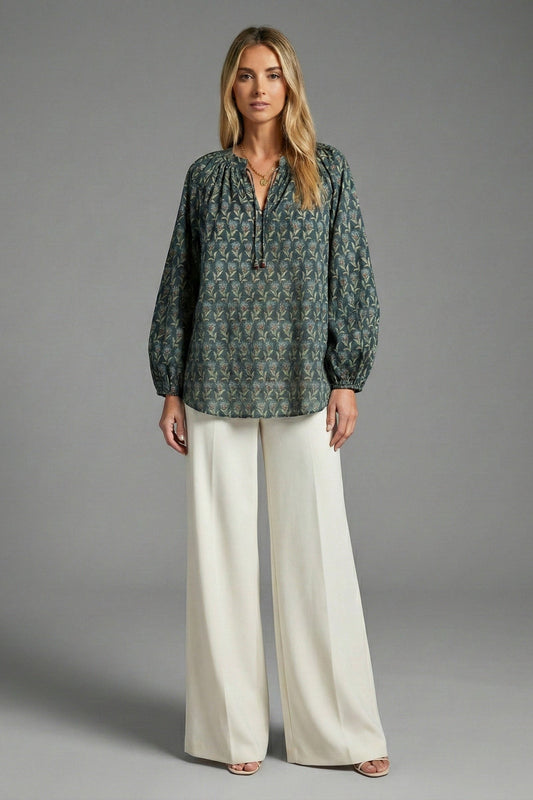 Twilight Bloom Floral Tie-Neck Blouse