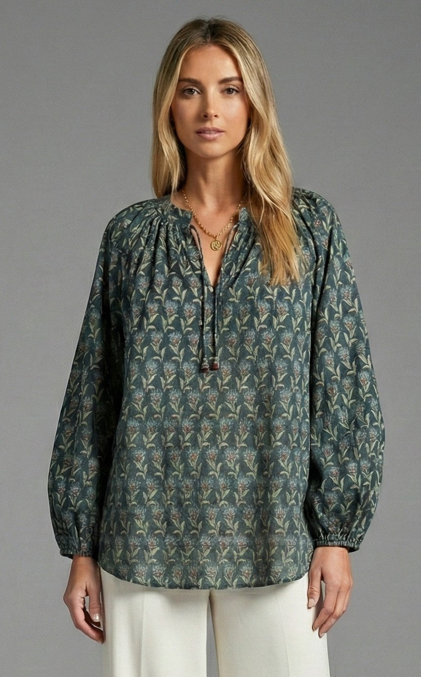 Twilight Bloom Floral Tie-Neck Blouse