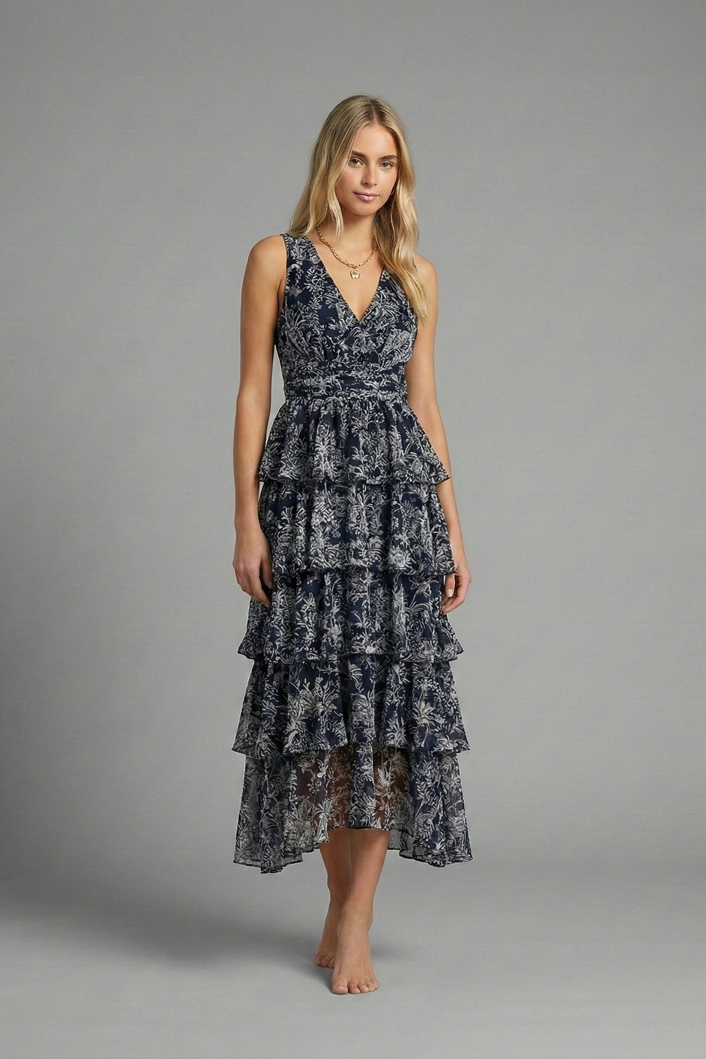 Oriental Night Tiered Ruffle Maxi Dress