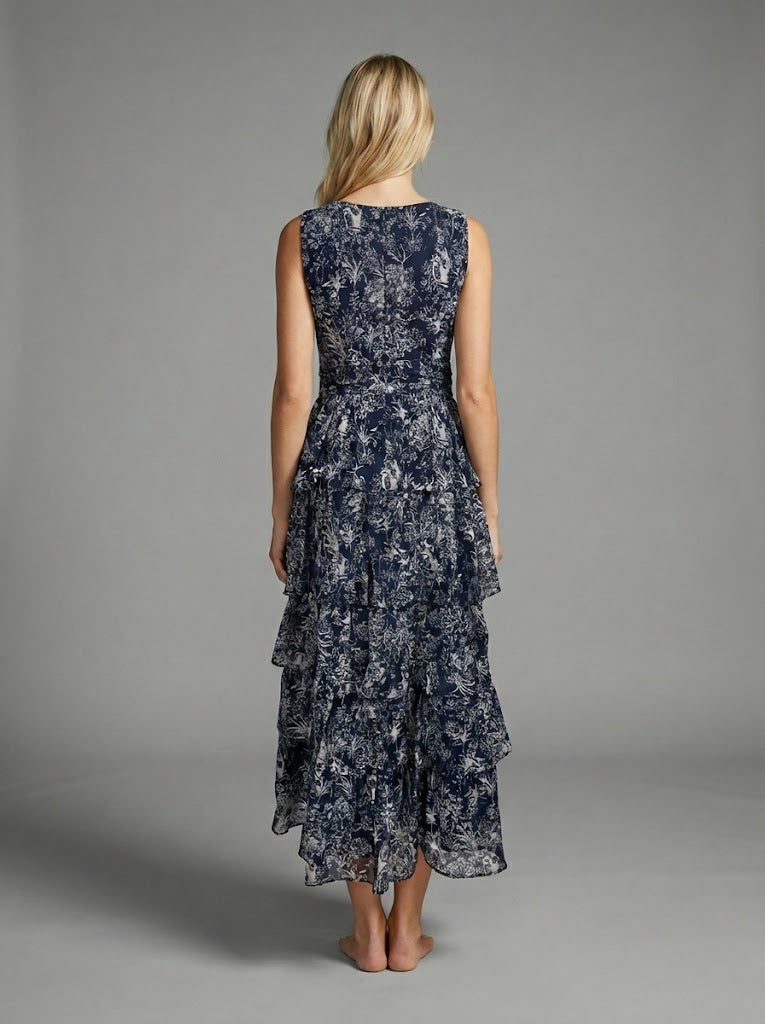 Oriental Night Tiered Ruffle Maxi Dress