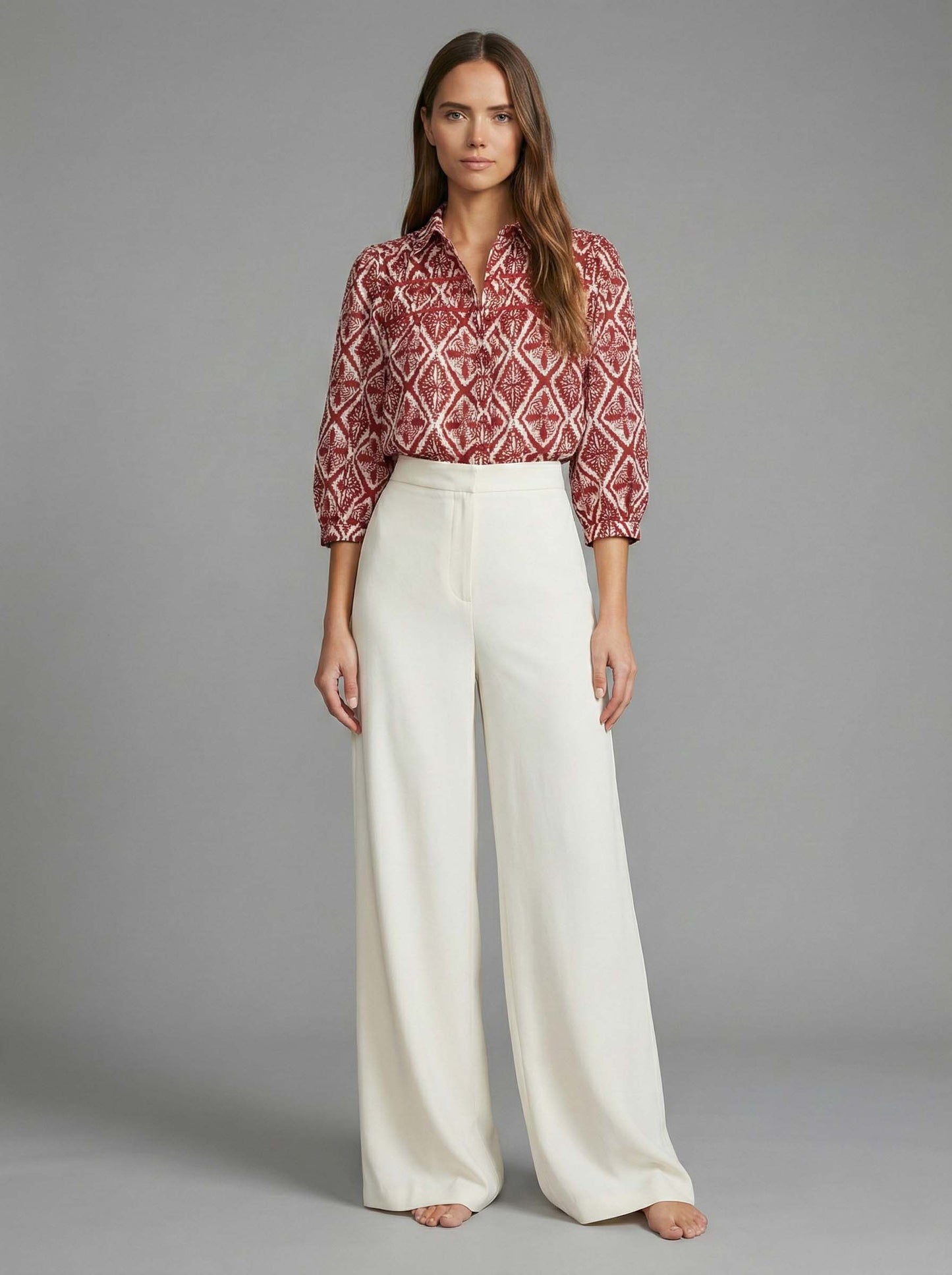 Batik Echo Geometric Print Button-Front Blouse