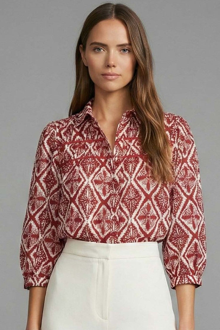 Batik Echo Geometric Print Button-Front Blouse