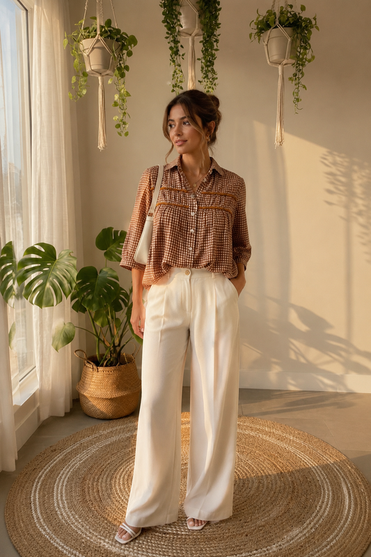 Terracotta Check Contrast Trim Button Front Blouse
