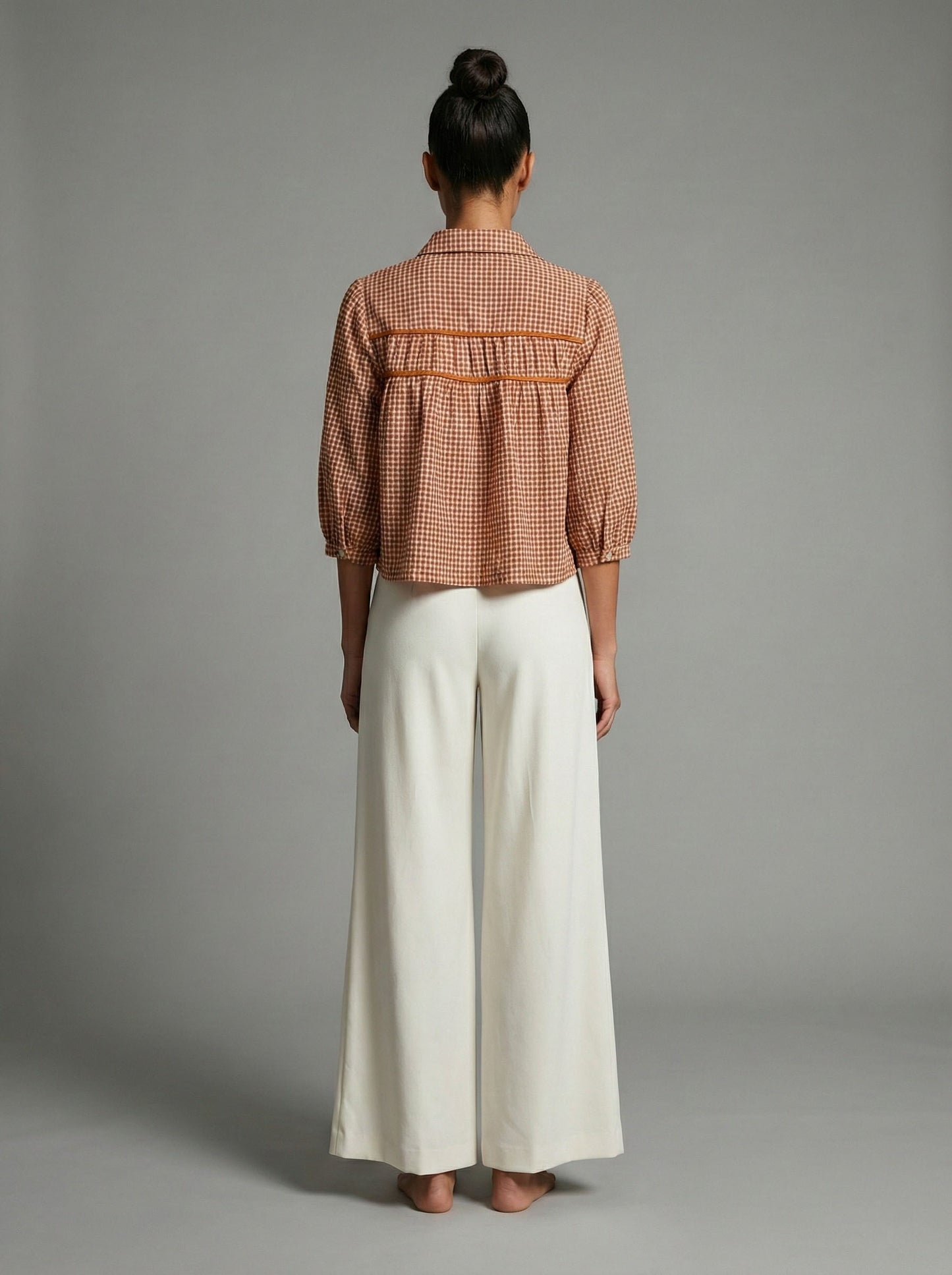 Terracotta Check Contrast Trim Button Front Blouse