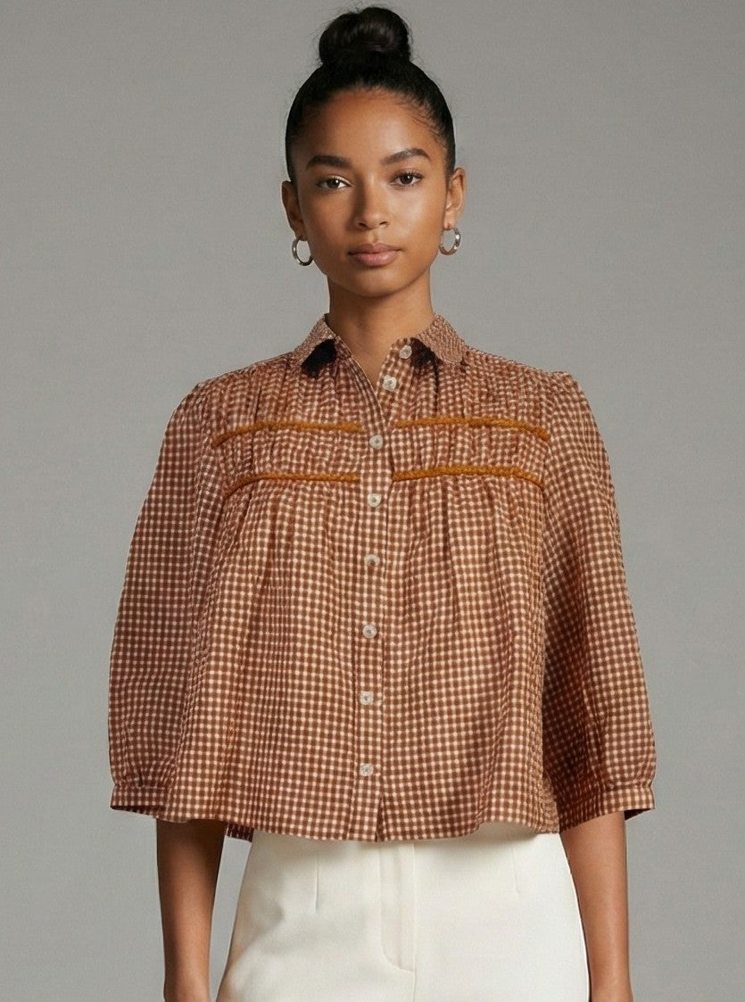 Terracotta Check Contrast Trim Button Front Blouse