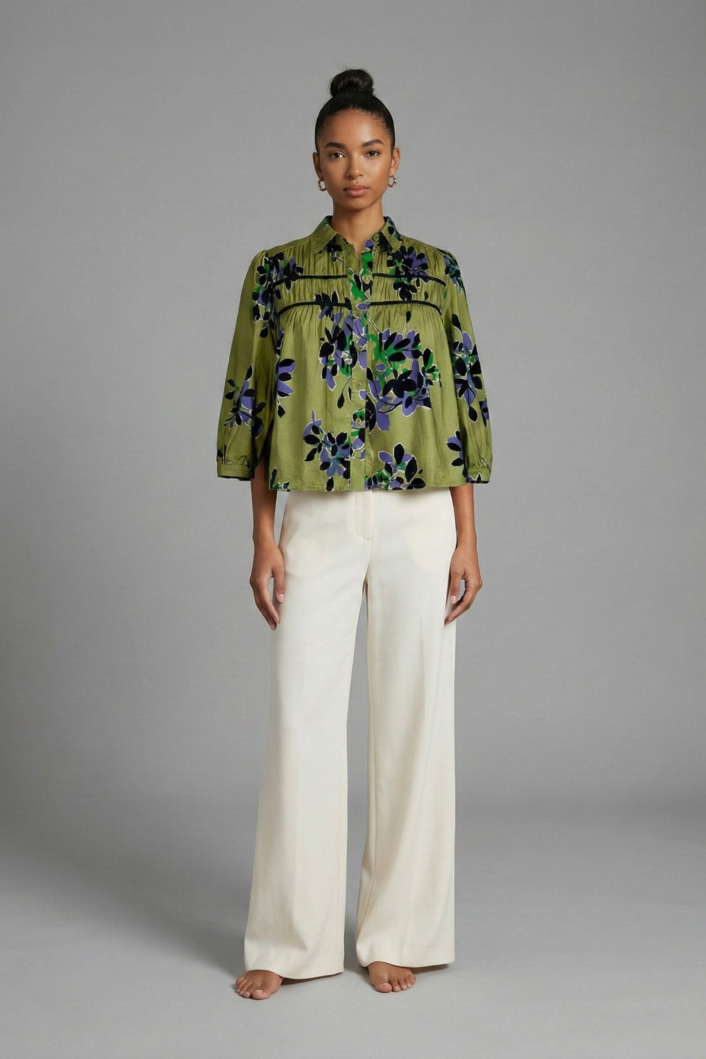 Olive Botanical Pintuck Button Front Blouse