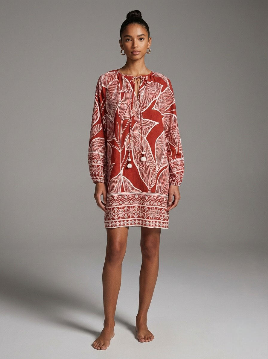 Rustic Leaf Code Tassel Tie Mini Dress