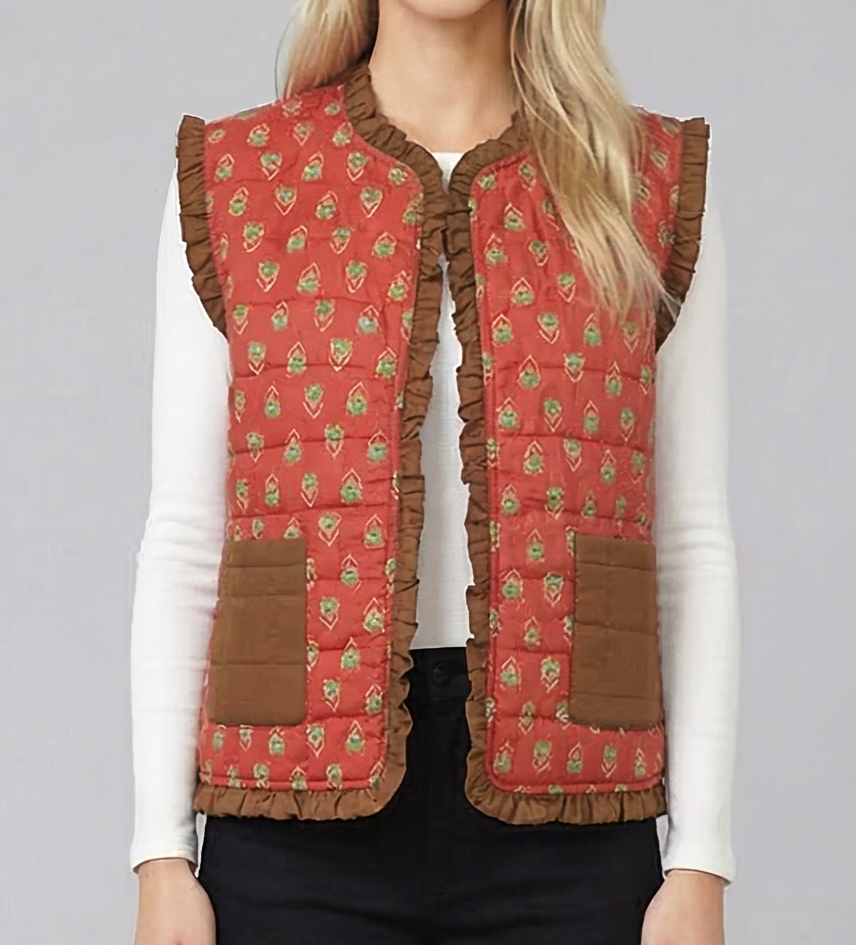 Rust Medallion Print Reversible Quilted Ruffle Trim Vest