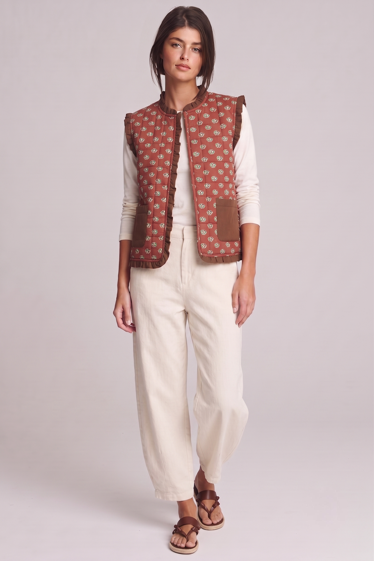 Rust Medallion Print Reversible Quilted Ruffle Trim Vest
