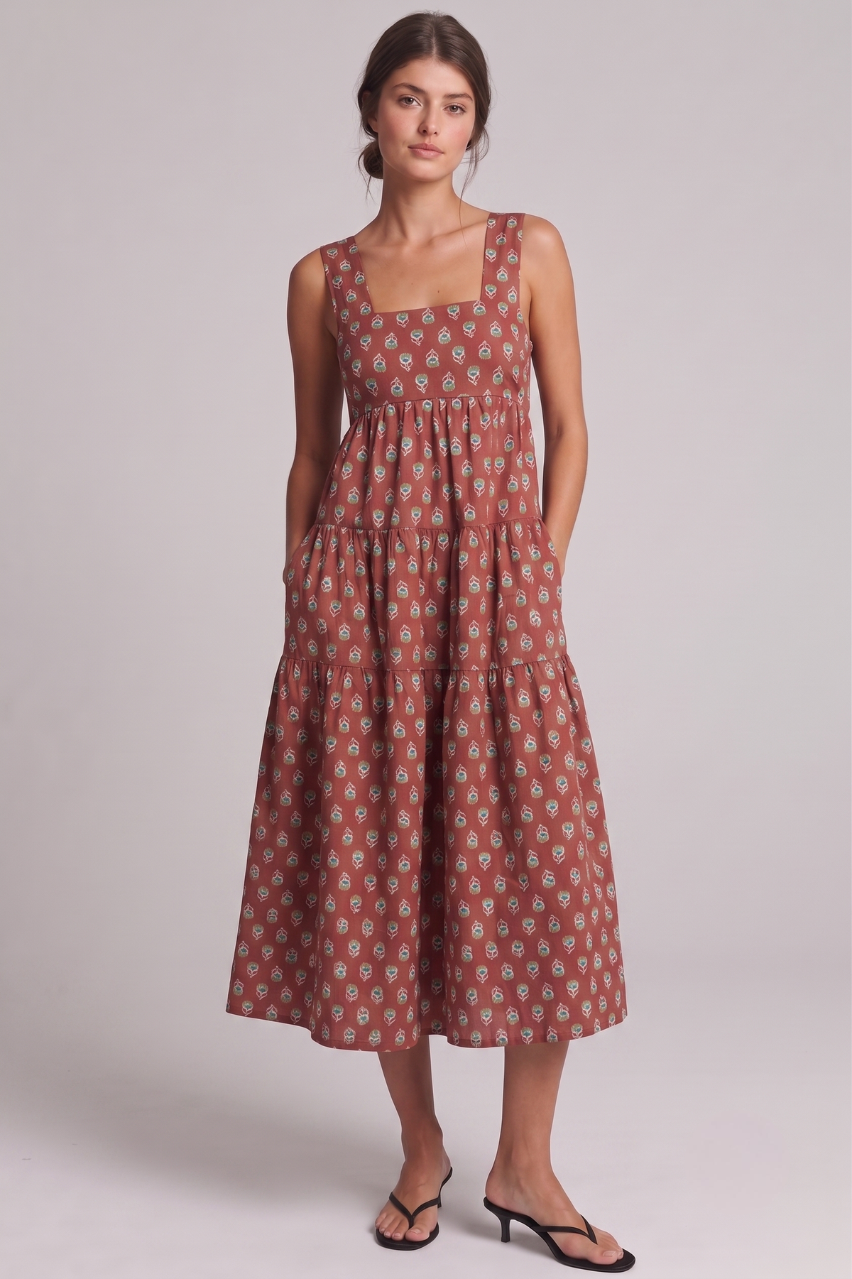 Rust Medallion Print Smocked Babydoll Midi Dress with Pockets