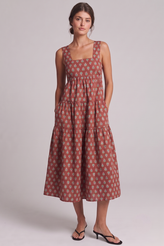Rust Medallion Print Smocked Babydoll Midi Dress with Pockets