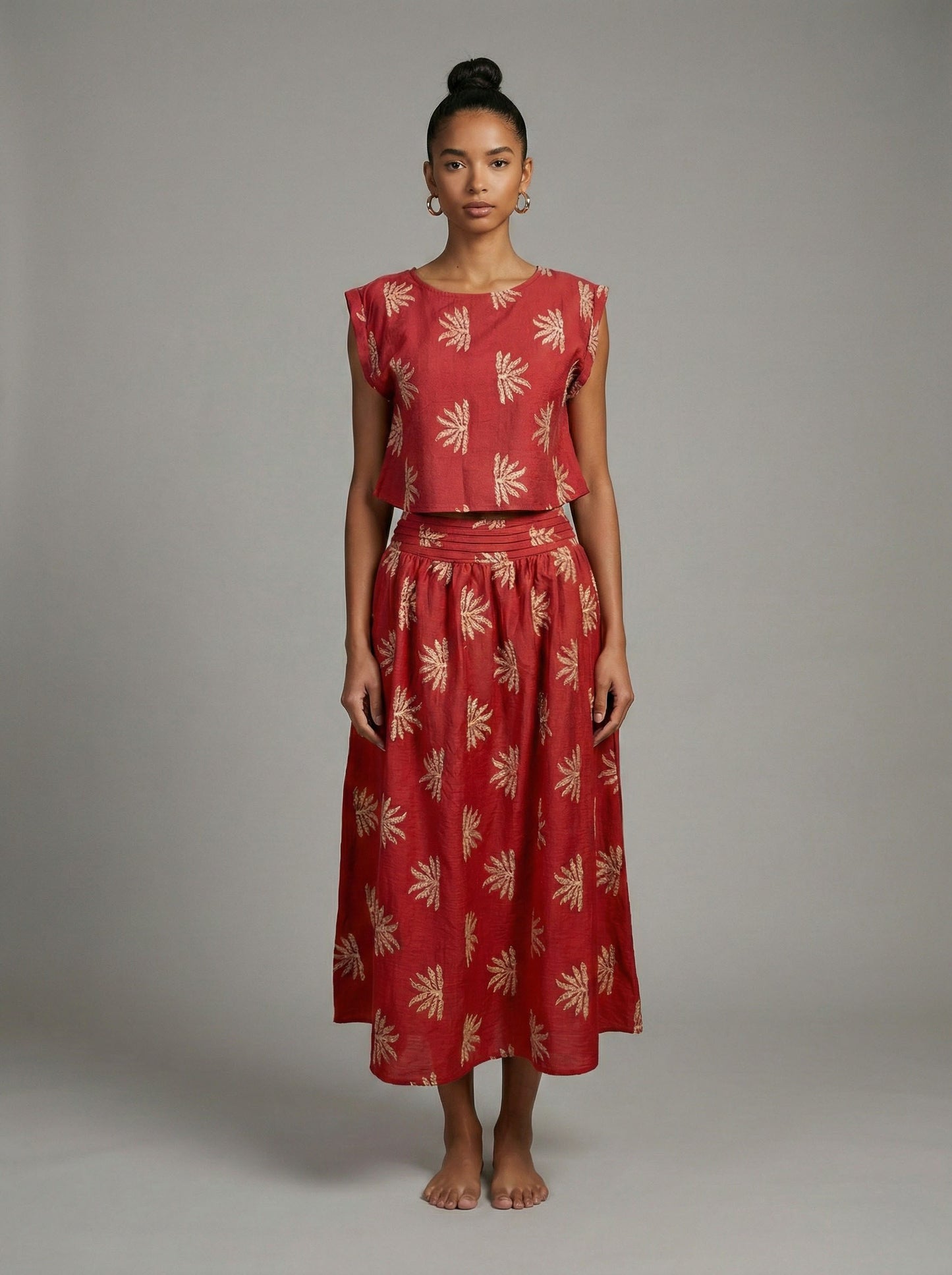 Crimson Stitches Embroidered Top & Midi Skirt Set