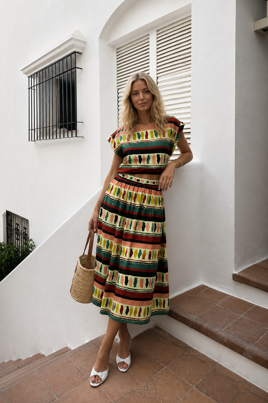 Bohemian Stripe Top & Midi Skirt Set