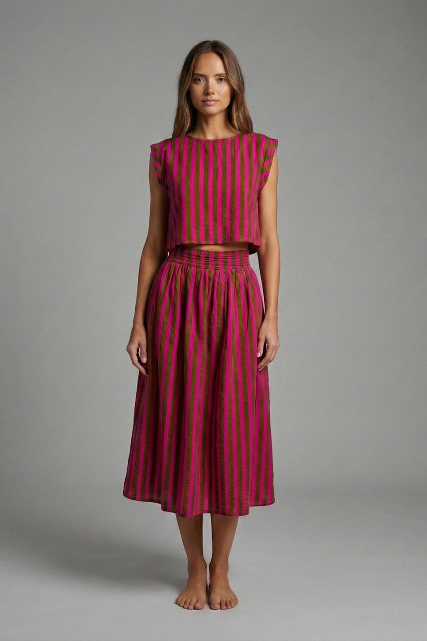 Rosewood Stripes Two-Piece Midi Skirt Set