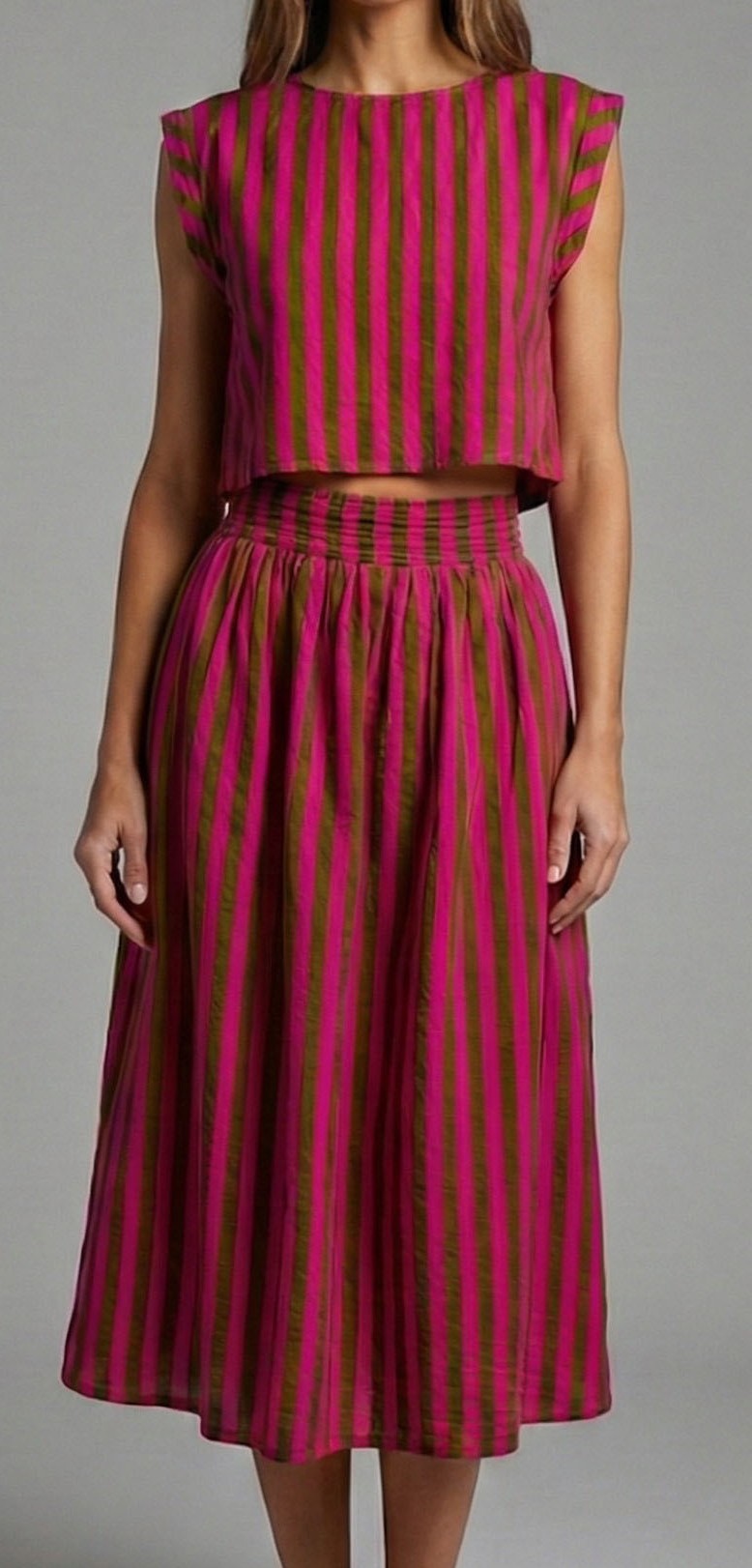 Rosewood Stripes Two-Piece Midi Skirt Set
