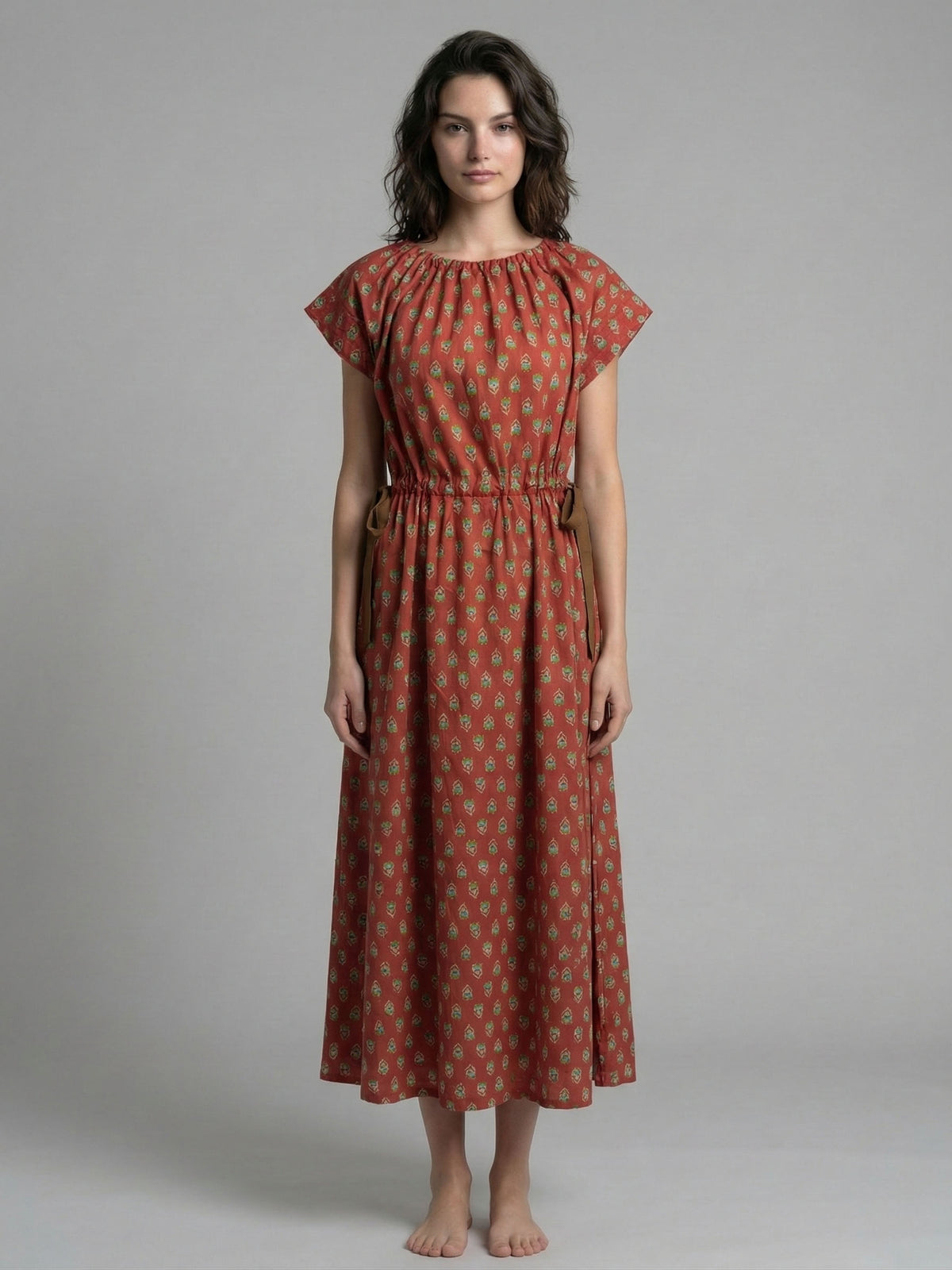 Rust Medallion Print Waist Tie Midi Dress with Pockets