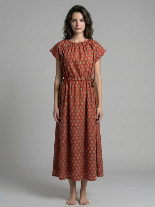 Rust Medallion Print Waist Tie Midi Dress with Pockets