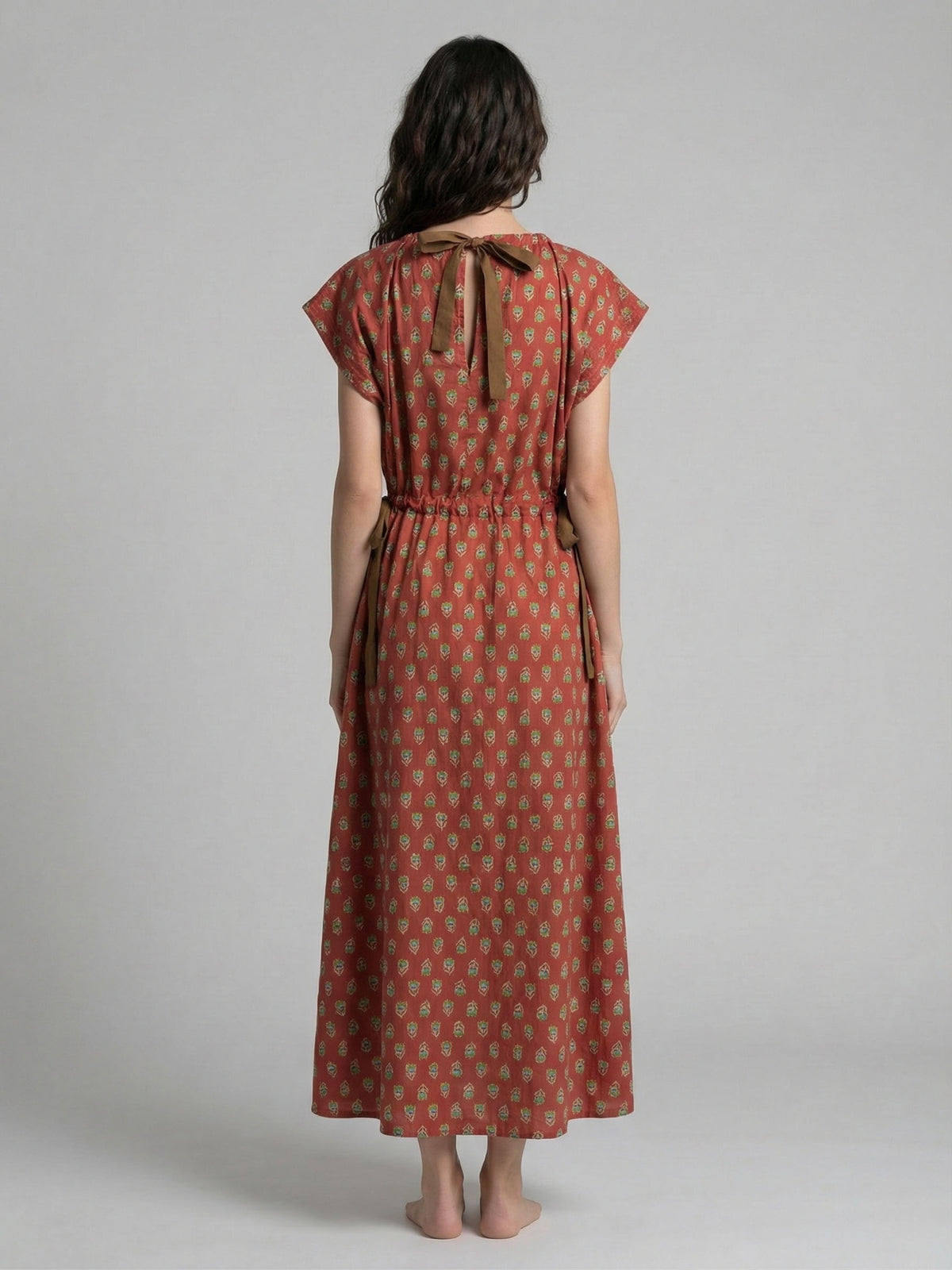 Rust Medallion Print Waist Tie Midi Dress with Pockets