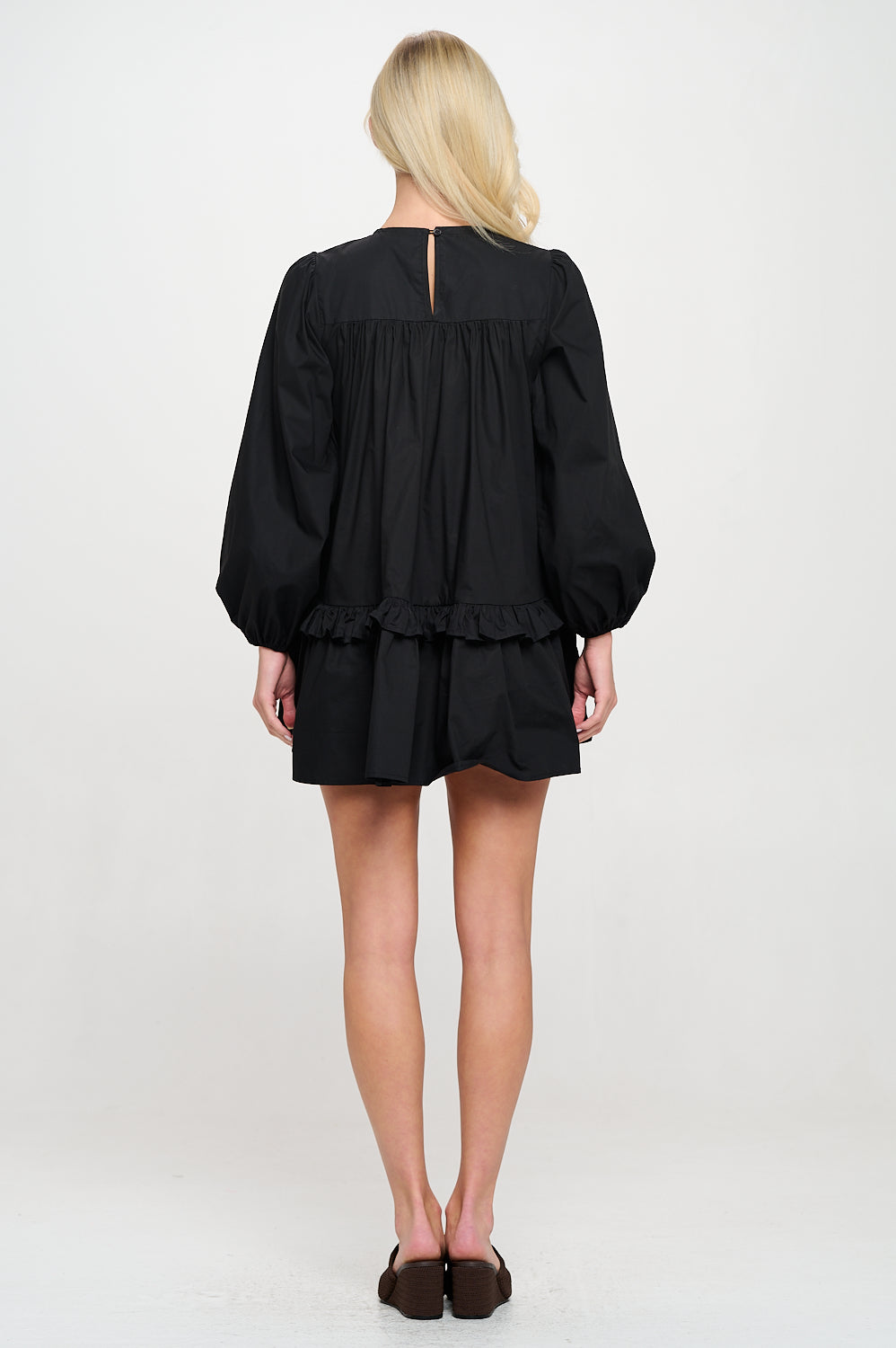 Black Poplin Long Sleeve Smock Dress