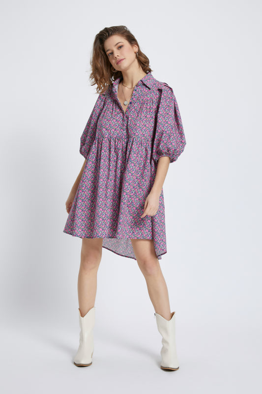 Pink Navy Ditsy Poplin Pleates Dress