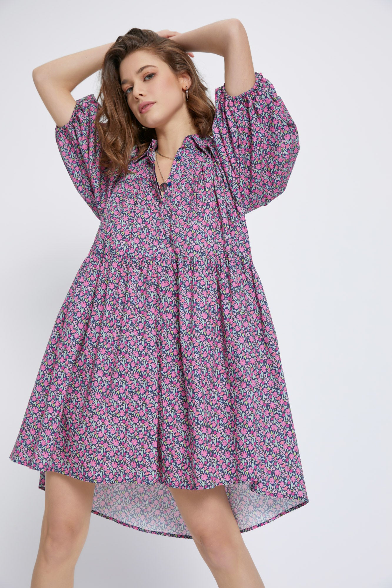 Pink Navy Ditsy Poplin Pleates Dress