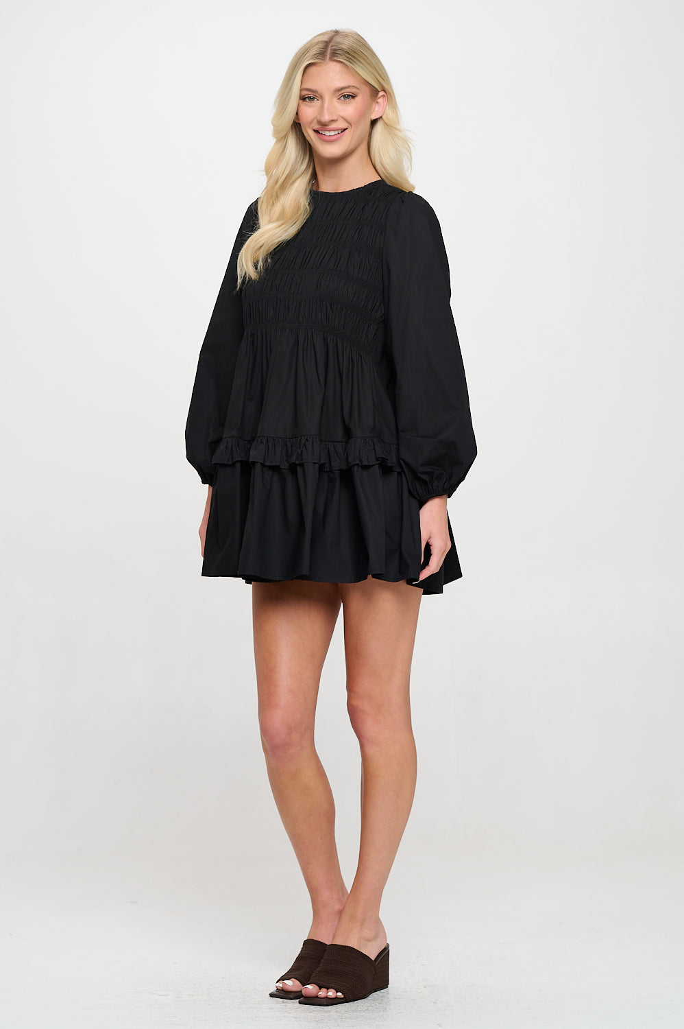 Black Poplin Long Sleeve Smock Dress