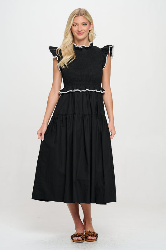 Black Poplin Crochet Trim Dress