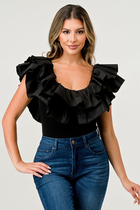 Black Poplin Ruffle Bodysuit