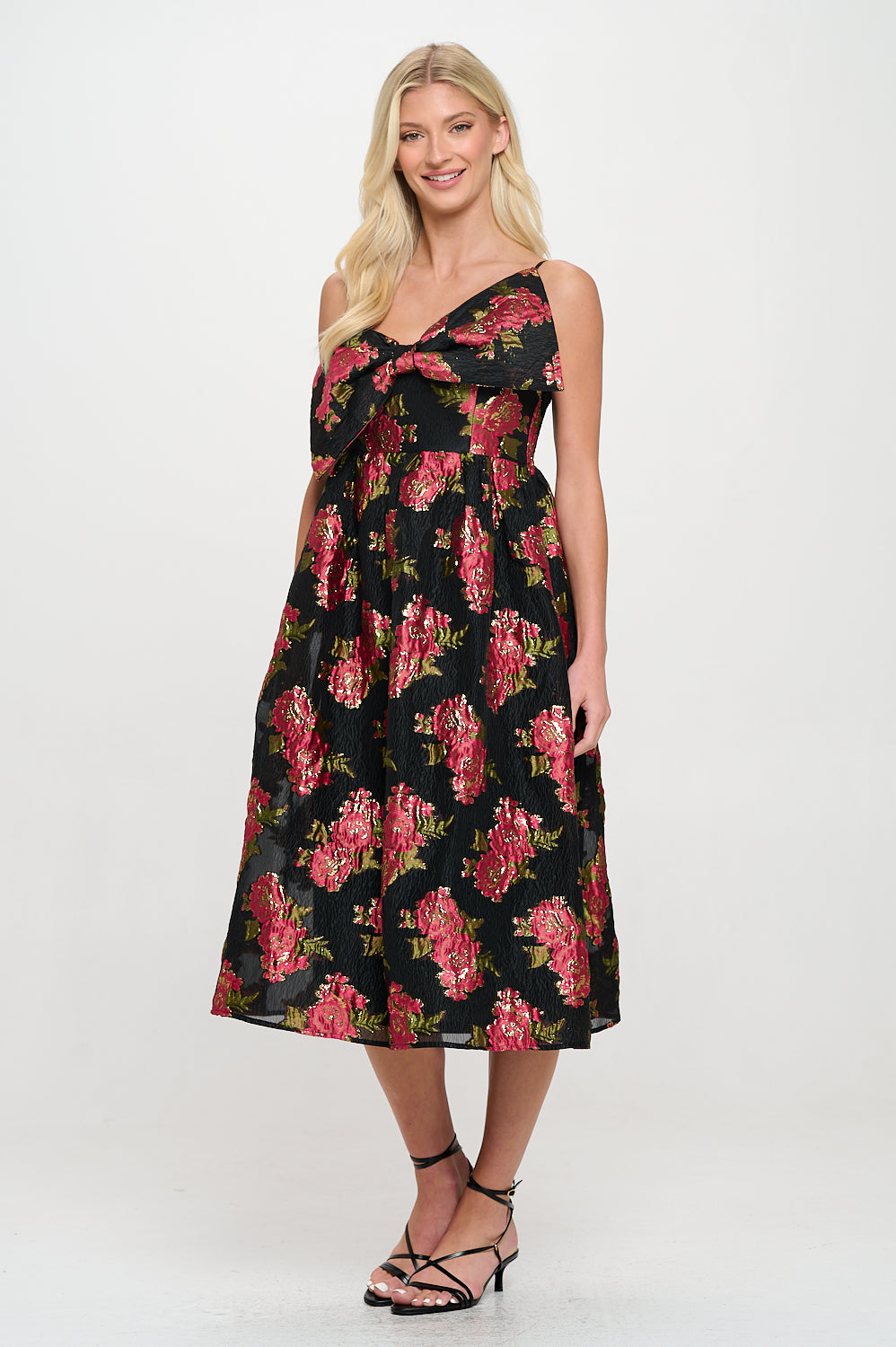 Scarlet Blossom Noir Bow Midi Dress