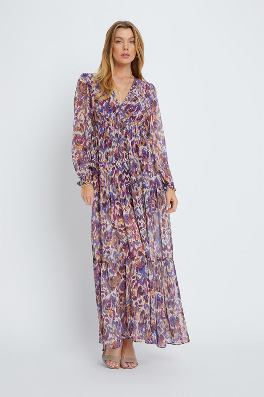 Purple Ikat Flower Tula Maxi Dress