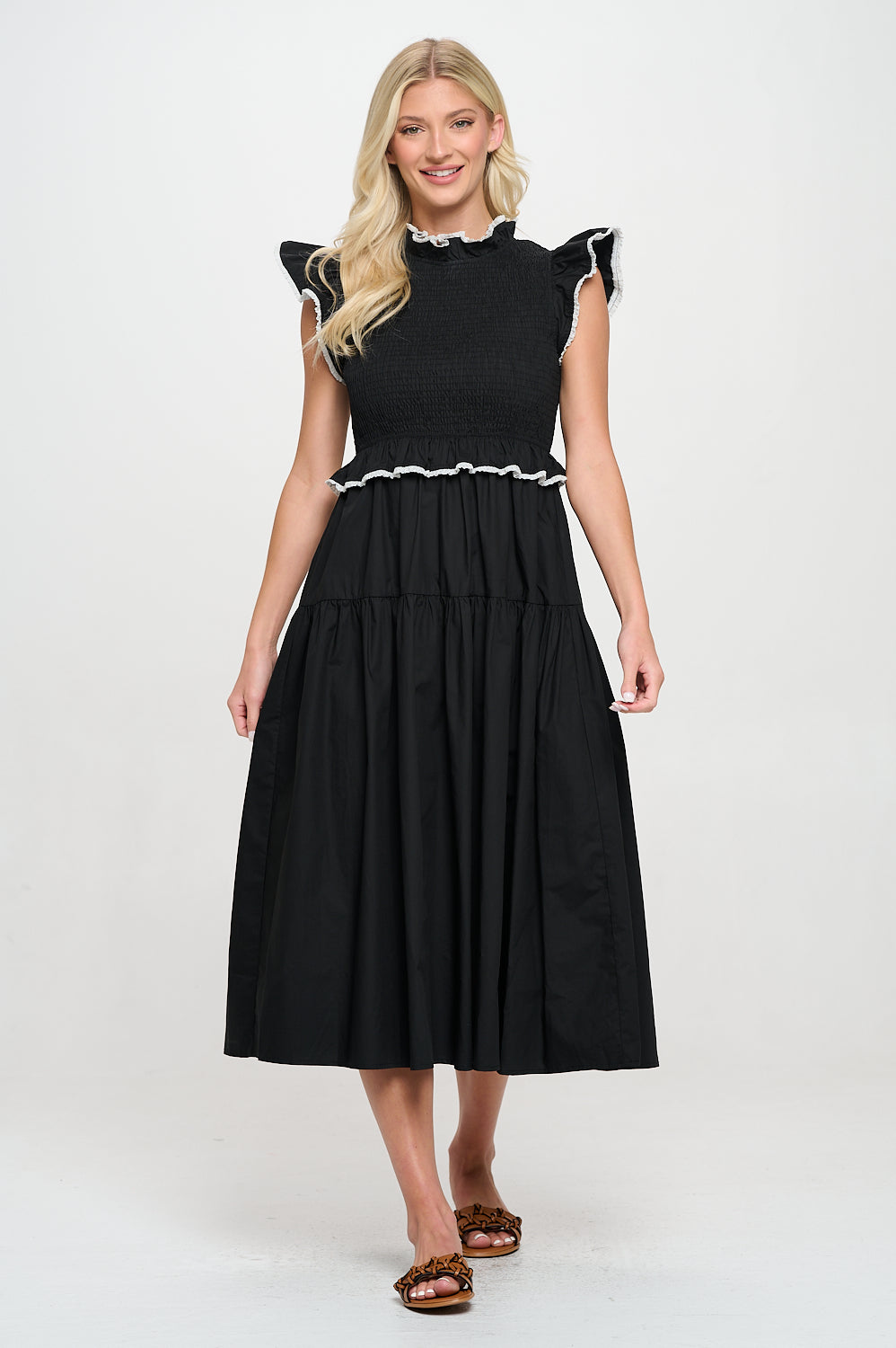 Black Poplin Crochet Trim Dress