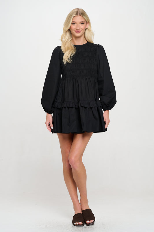 Black Poplin Long Sleeve Smock Dress