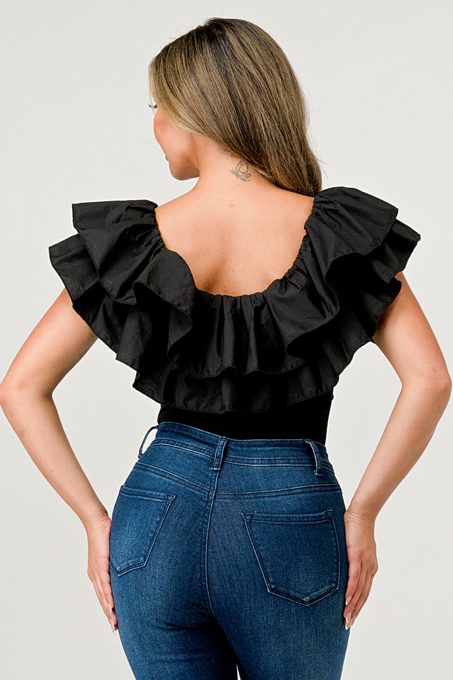 Black Poplin Ruffle Bodysuit